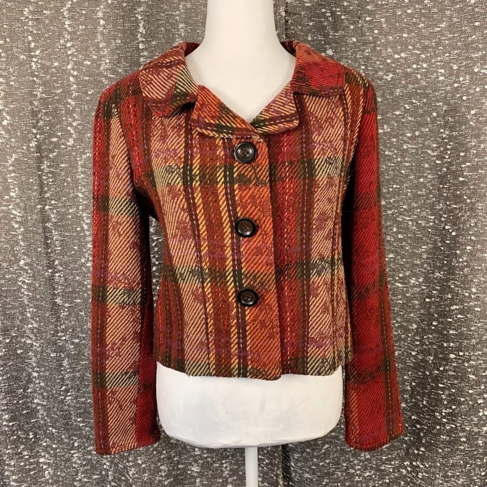 Vintage Suzette Plaid Button Blazer Jacket Collared Boho‎ Preppy Womens